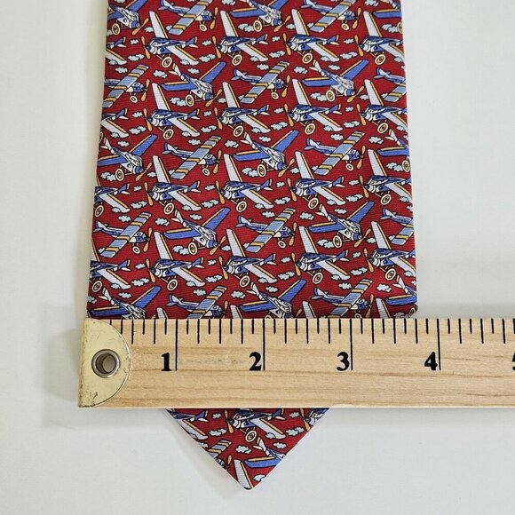 Beaufort Tie Rack Silk Tie Italy Red Multicolor Airplanes Clouds AOP W3.75 L59.5 - Picture 9 of 16